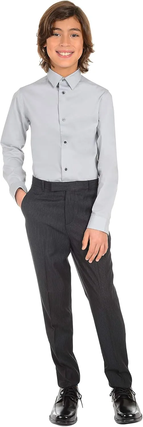 Calvin Klein Boys' Long Sleeve Sateen Dress Shirt, Button-Down Style with Cuffs & Shirttail Hem