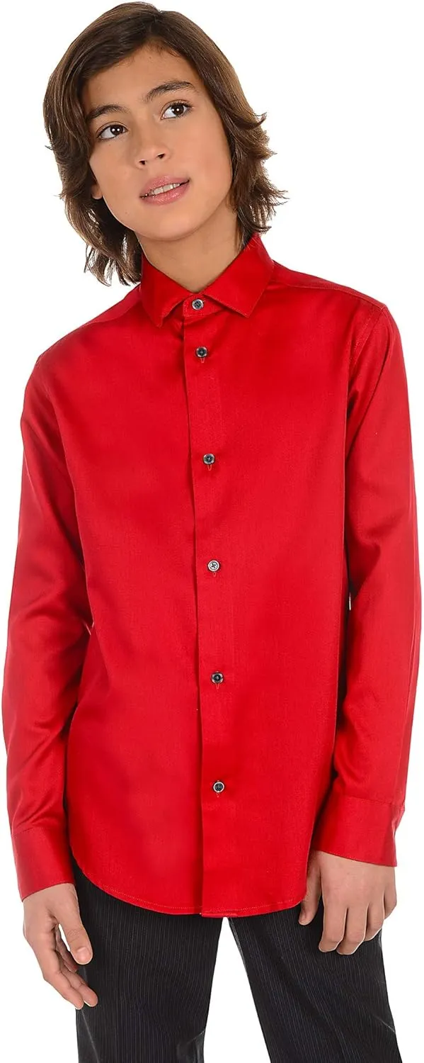 Calvin Klein Boys' Long Sleeve Sateen Dress Shirt, Button-Down Style with Cuffs & Shirttail Hem