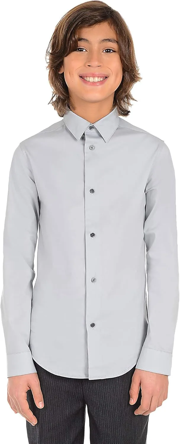 Calvin Klein Boys' Long Sleeve Sateen Dress Shirt, Button-Down Style with Cuffs & Shirttail Hem