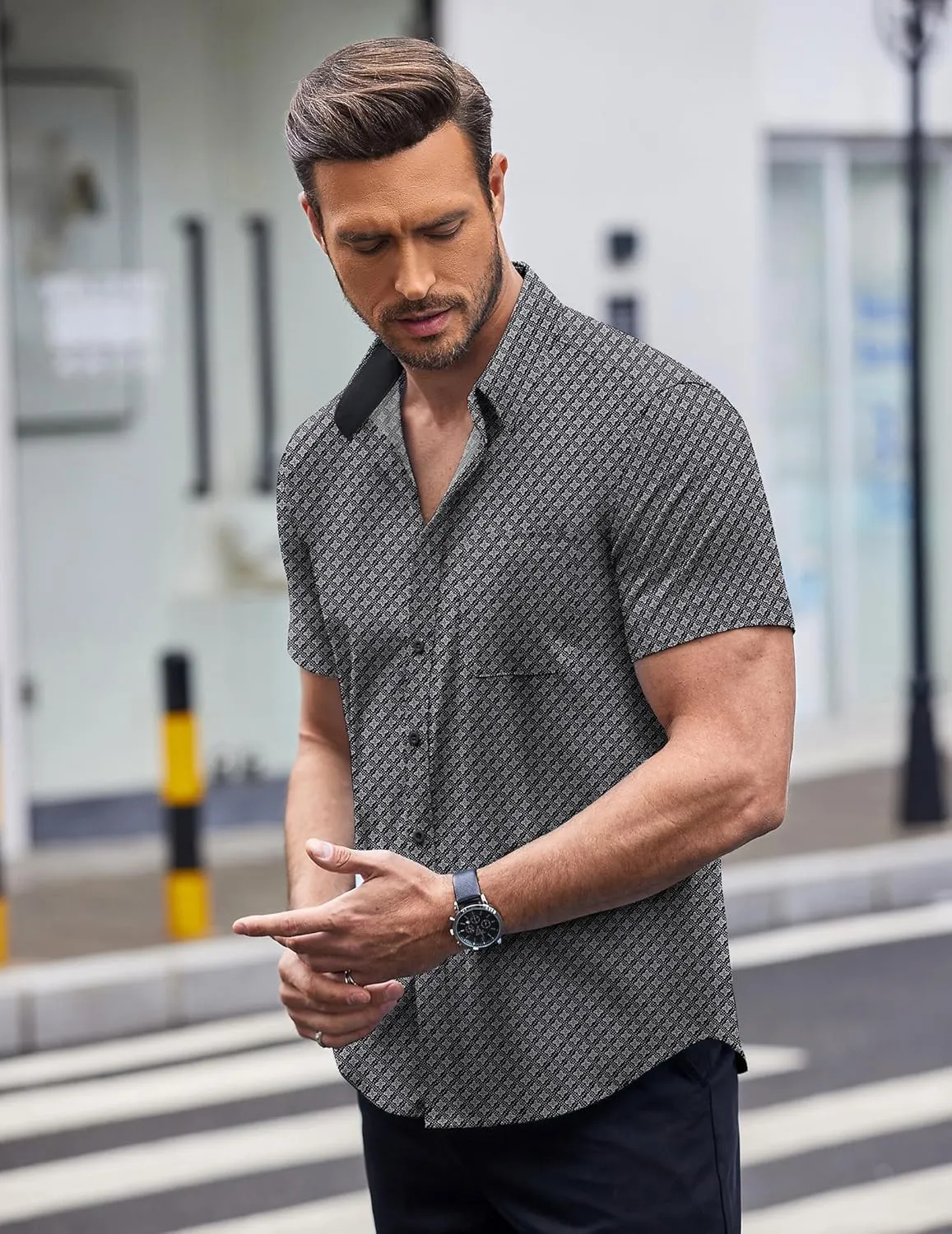COOFANDY Mens Short Sleeve Button Down Shirts Wrinkle Free Dress Shirts Casual Polka Dot Print Shirt with Pocket