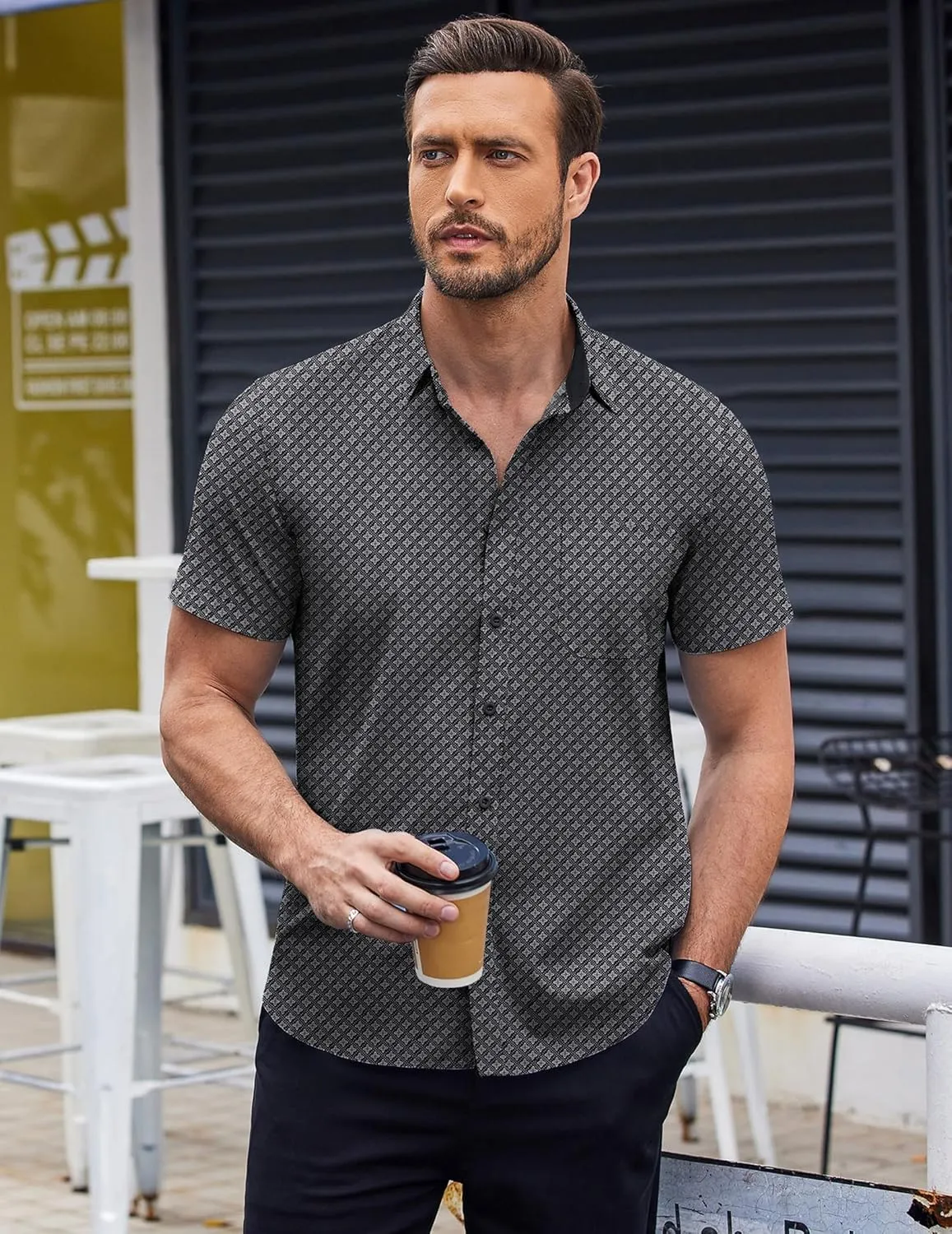 COOFANDY Mens Short Sleeve Button Down Shirts Wrinkle Free Dress Shirts Casual Polka Dot Print Shirt with Pocket