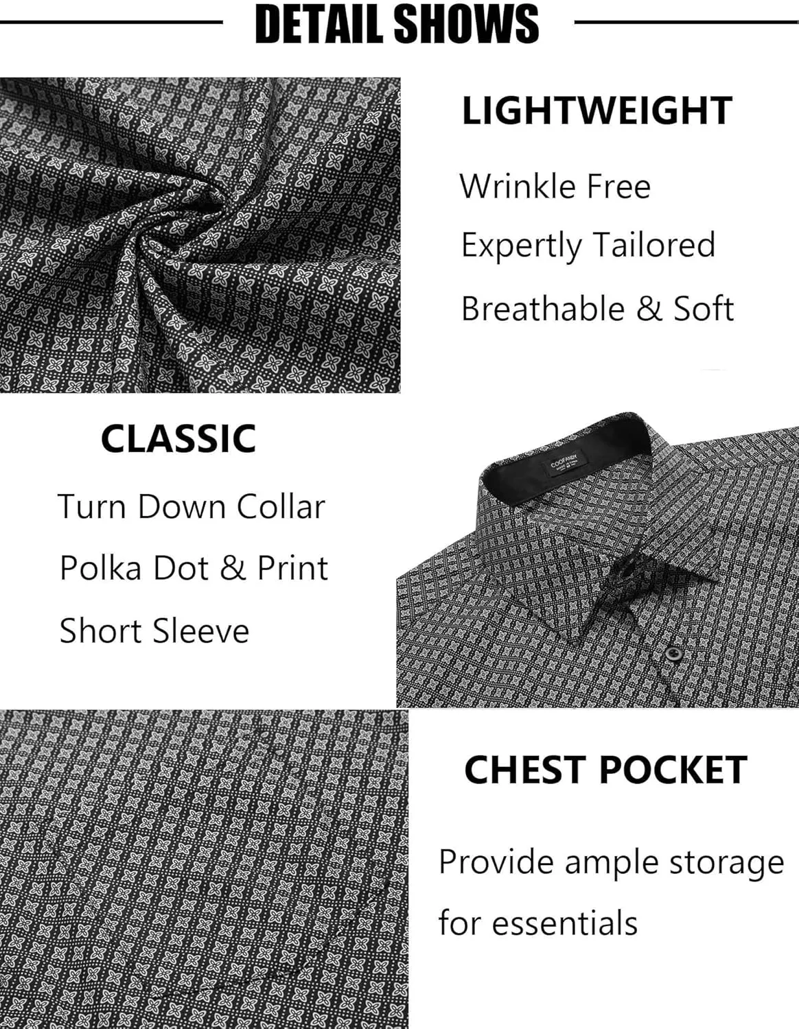COOFANDY Mens Short Sleeve Button Down Shirts Wrinkle Free Dress Shirts Casual Polka Dot Print Shirt with Pocket