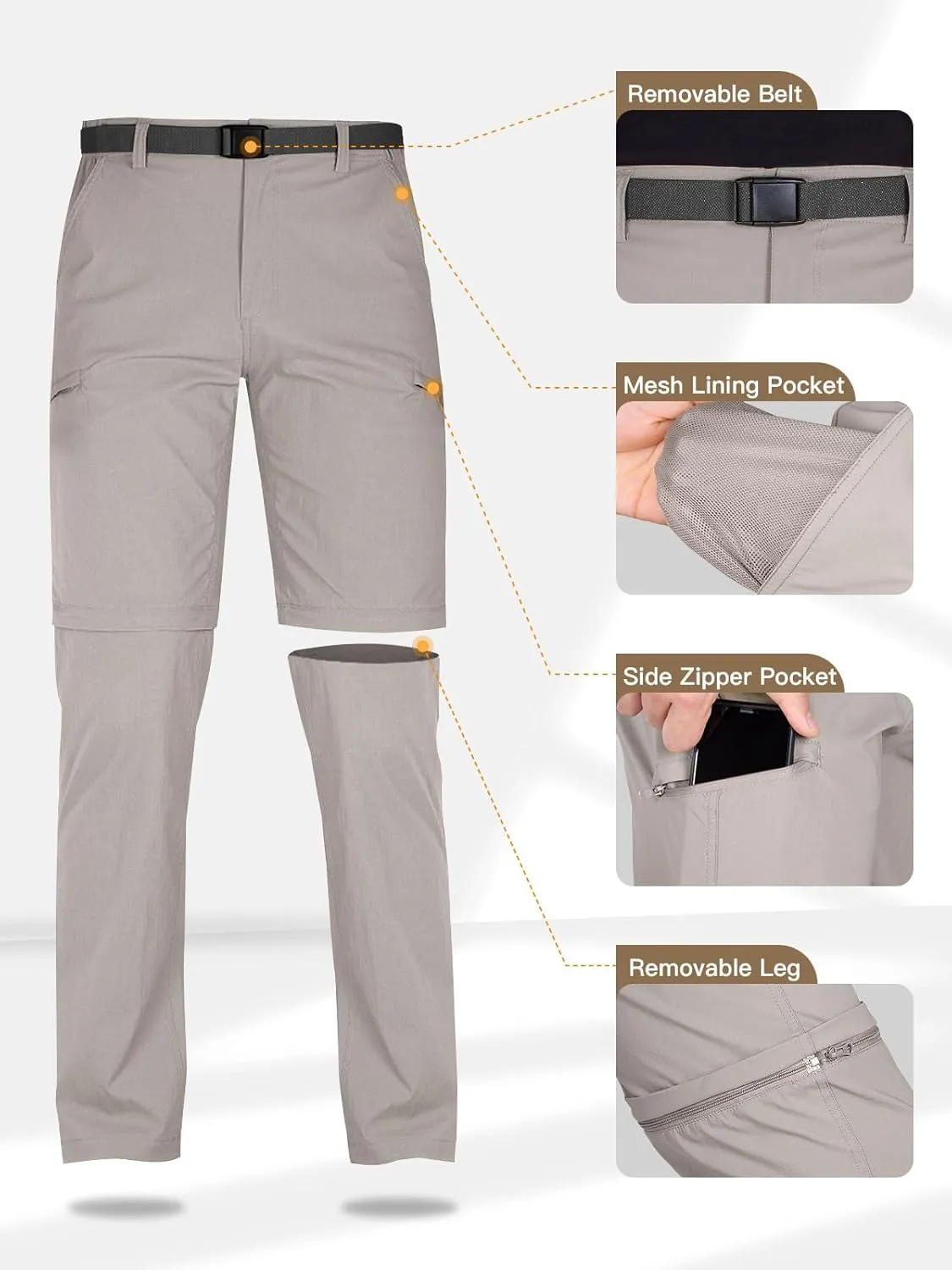 FREE SOLDIER Men's Outdoor Convertible Hiking Pants with Belt Lightweight Quick Dry Tactical Cargo Pants Nylon Spandex