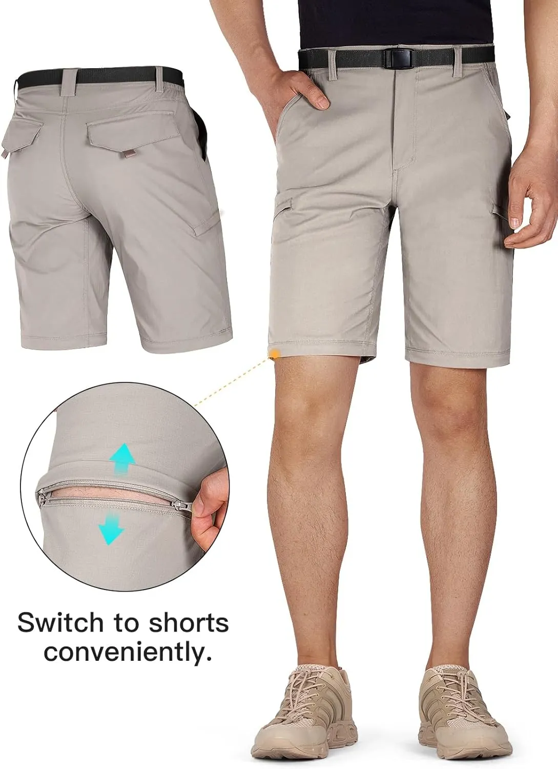FREE SOLDIER Men's Outdoor Convertible Hiking Pants with Belt Lightweight Quick Dry Tactical Cargo Pants Nylon Spandex