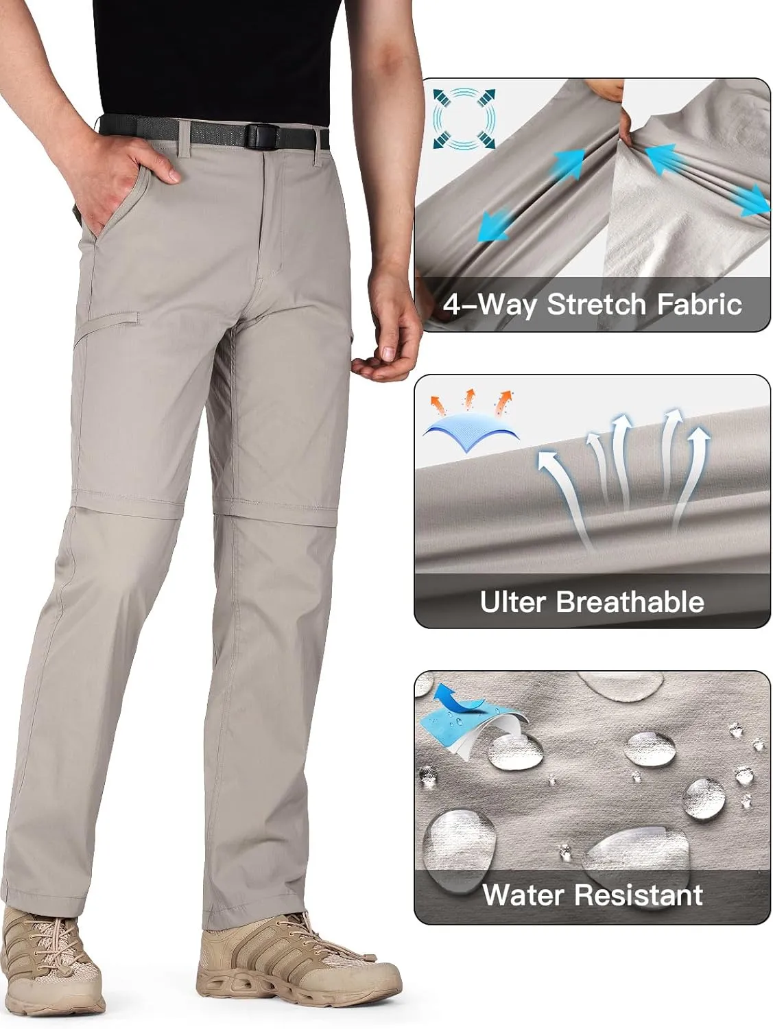 FREE SOLDIER Men's Outdoor Convertible Hiking Pants with Belt Lightweight Quick Dry Tactical Cargo Pants Nylon Spandex
