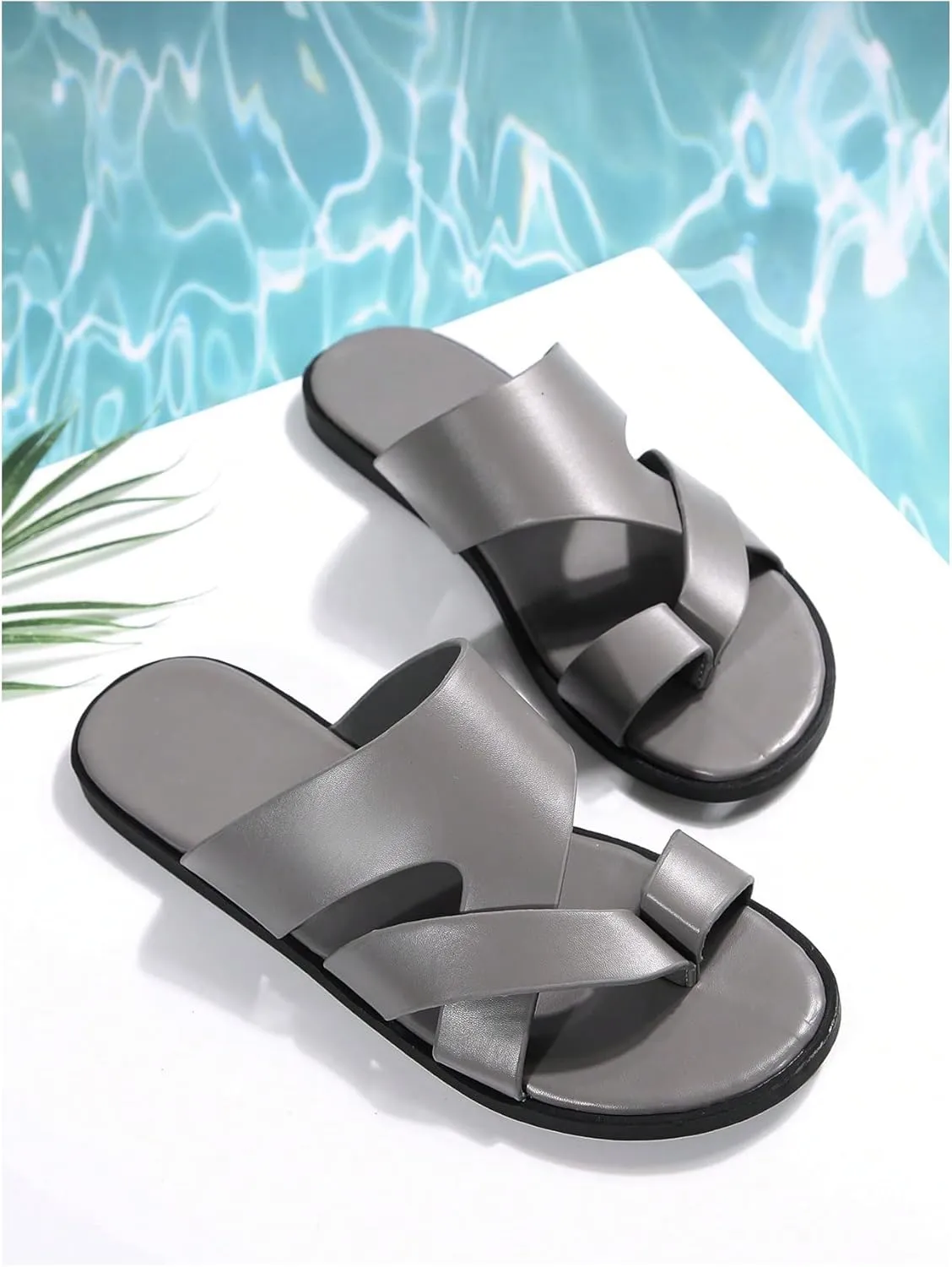 GORGLITTER Men's Beach Leather Sandals 2025 Slide Footwear Round Flip Flops Pu Slip On Slippers