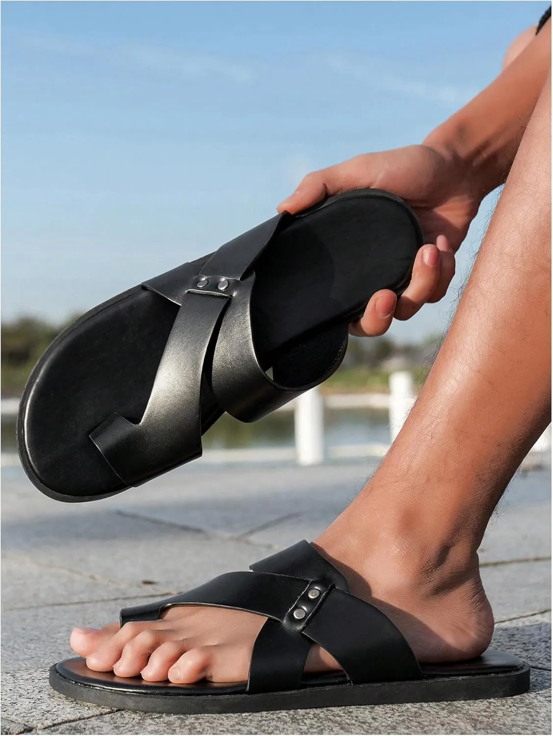 GORGLITTER Men's Beach Leather Sandals 2025 Slide Footwear Round Flip Flops Pu Slip On Slippers