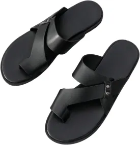 GORGLITTER Men's Beach Leather Sandals 2025 Slide Footwear Round Flip Flops Pu Slip On Slippers