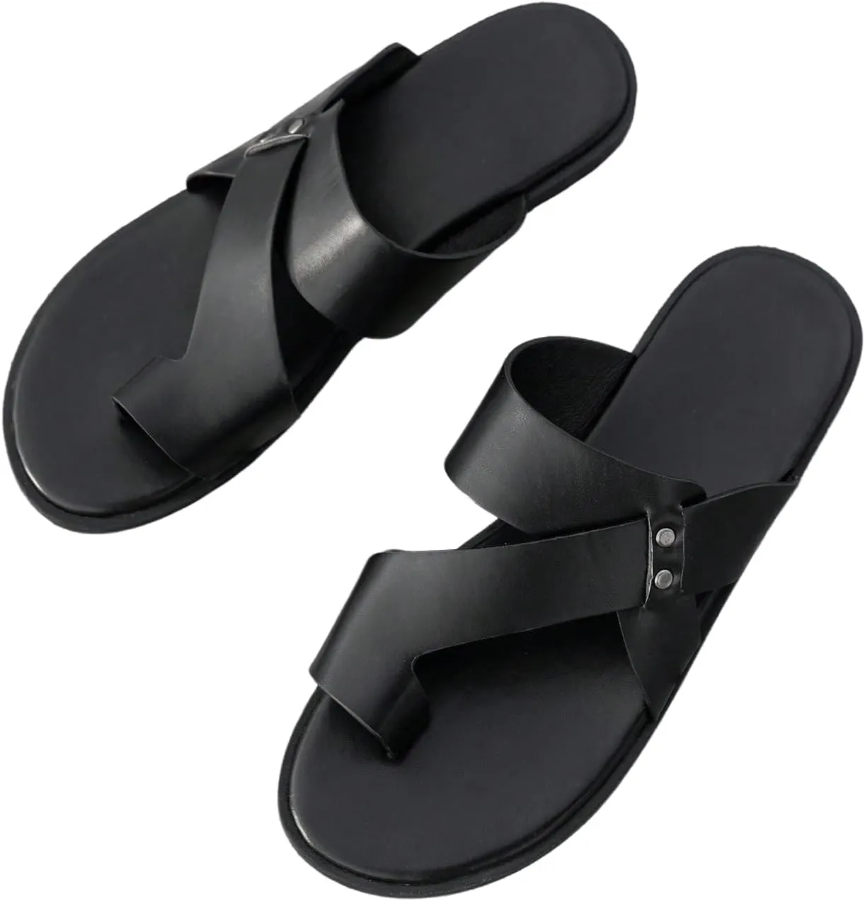 GORGLITTER Men's Beach Leather Sandals 2025 Slide Footwear Round Flip Flops Pu Slip On Slippers