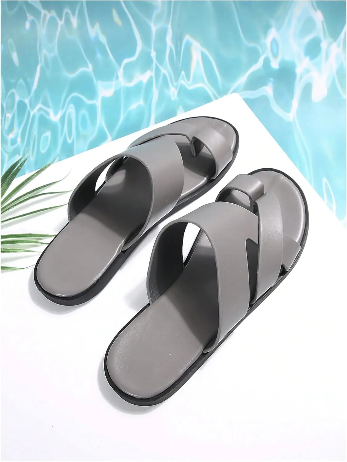 GORGLITTER Men's Beach Leather Sandals 2025 Slide Footwear Round Flip Flops Pu Slip On Slippers