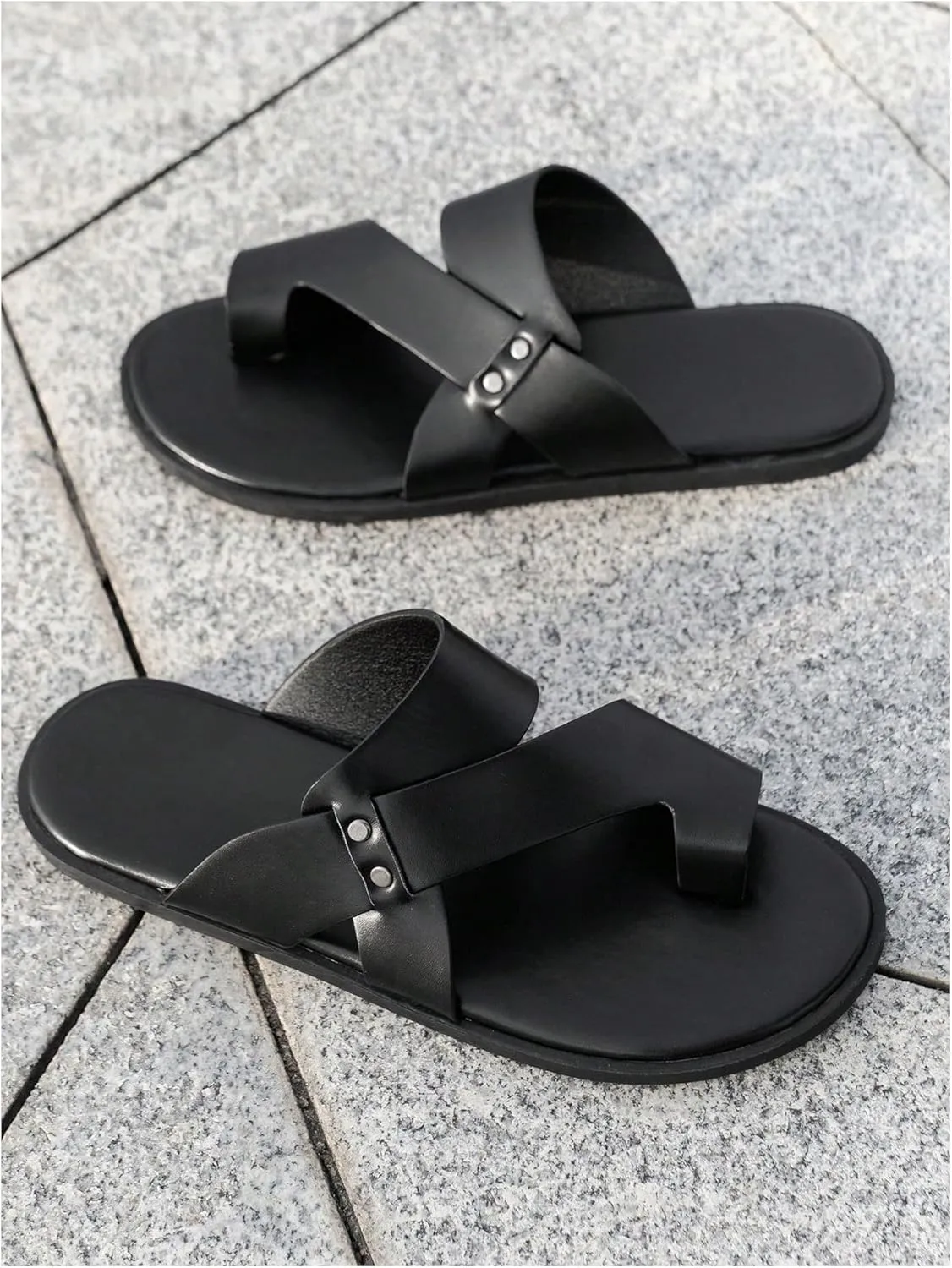 GORGLITTER Men's Beach Leather Sandals 2025 Slide Footwear Round Flip Flops Pu Slip On Slippers