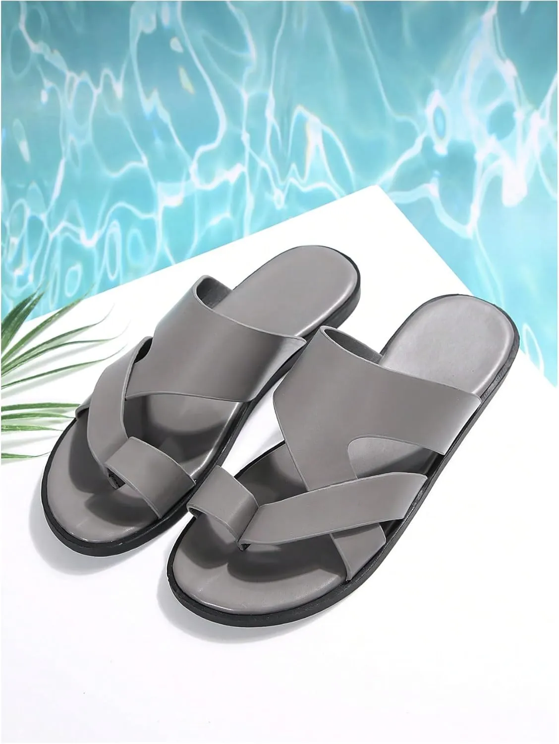 GORGLITTER Men's Beach Leather Sandals 2025 Slide Footwear Round Flip Flops Pu Slip On Slippers