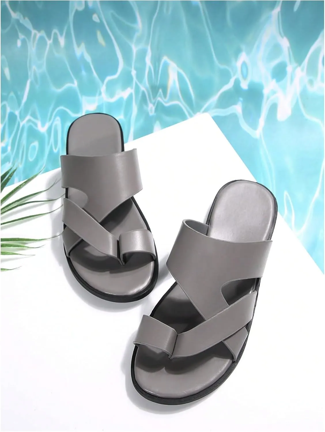 GORGLITTER Men's Beach Leather Sandals 2025 Slide Footwear Round Flip Flops Pu Slip On Slippers